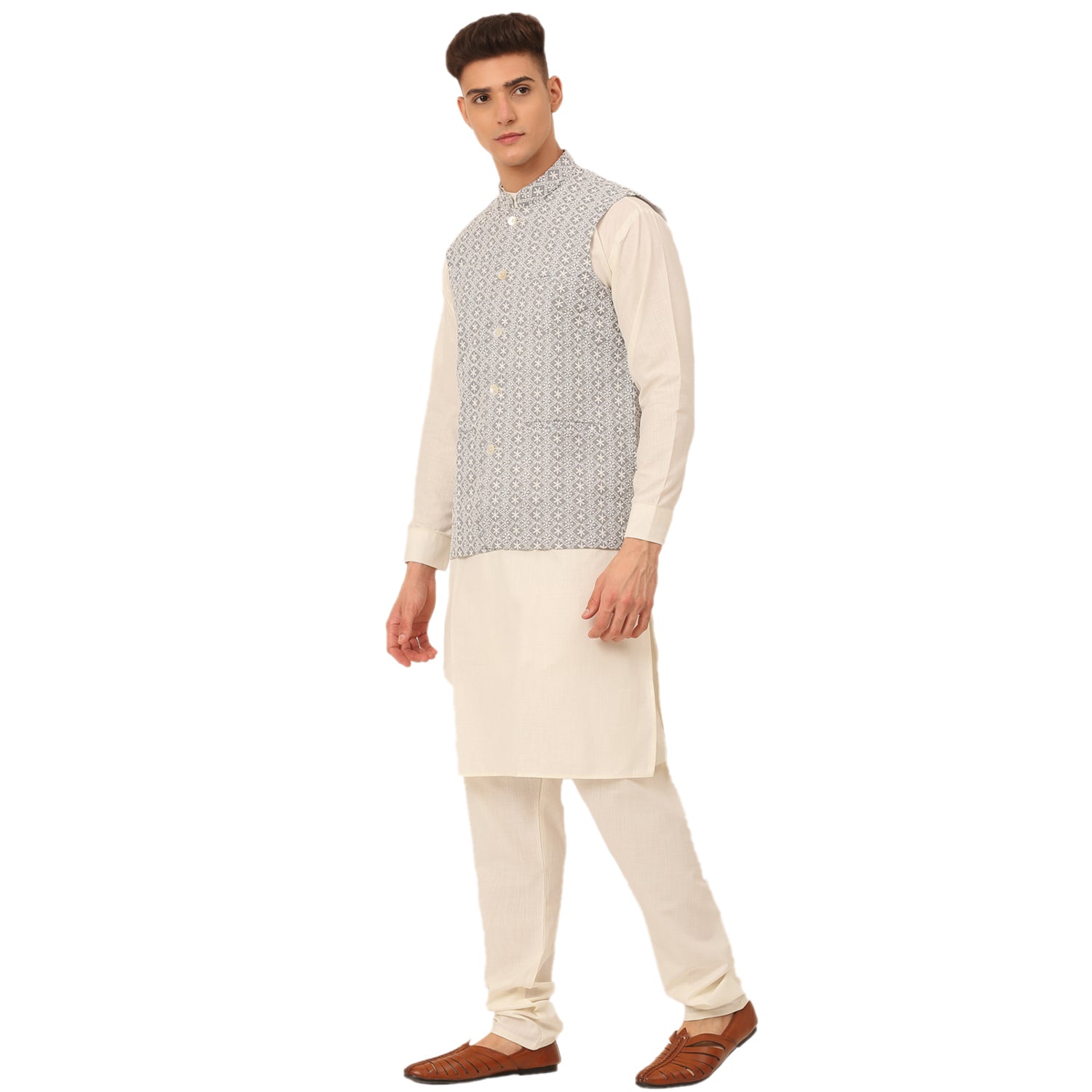 Jompers Men's White Cotton Blend Kurta with Pyjamas & Embroidered Nehru Jacket