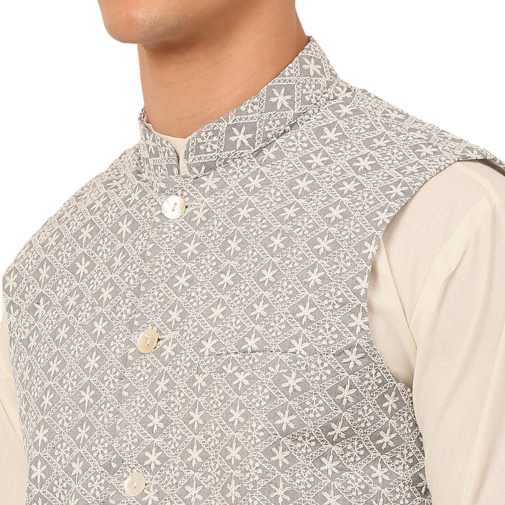 Jompers Men's White Cotton Blend Kurta with Pyjamas & Embroidered Nehru Jacket