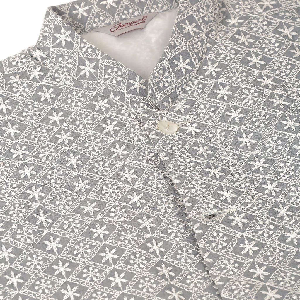 Jompers Men's White Cotton Blend Kurta with Pyjamas & Embroidered Nehru Jacket