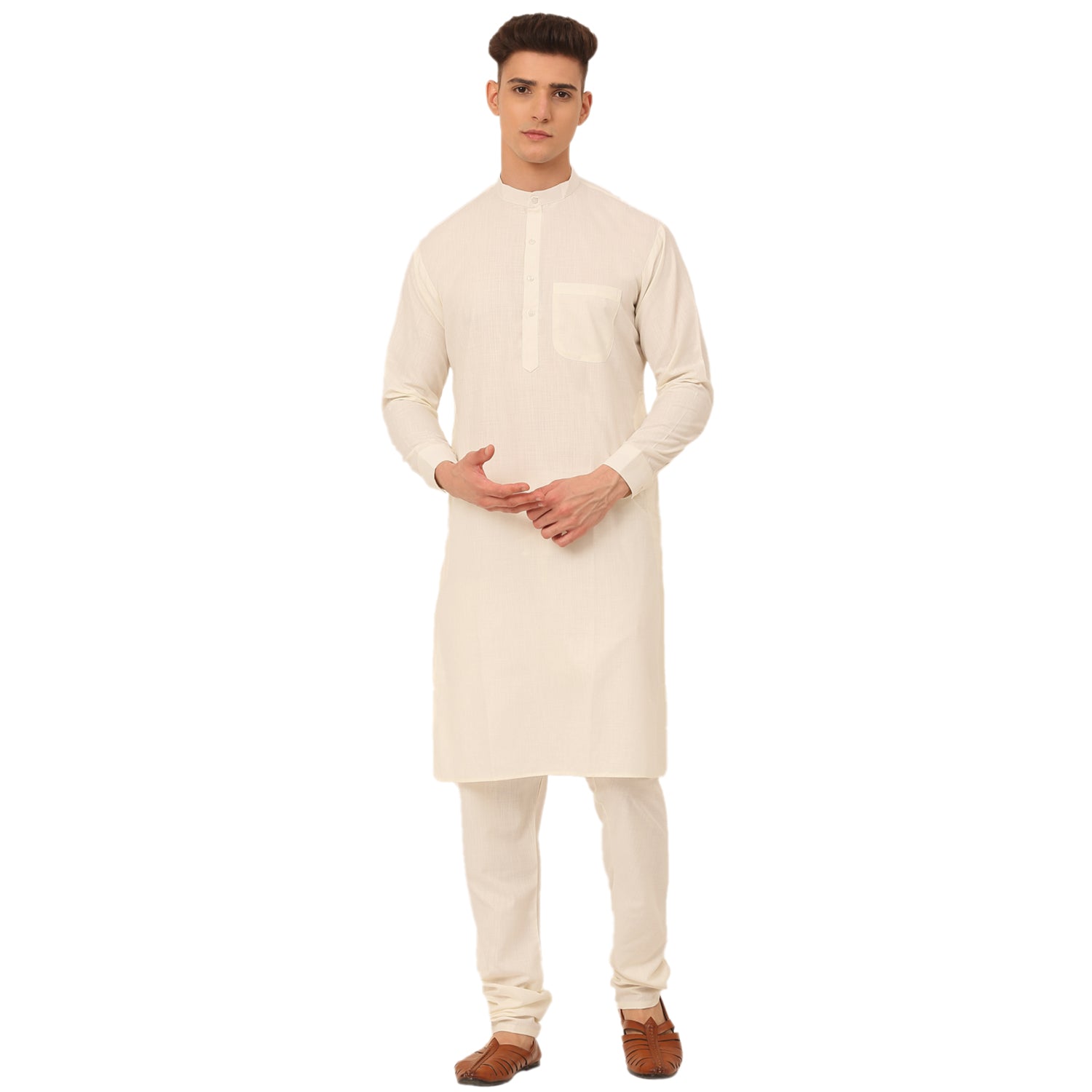 Jompers Men's White Cotton Blend Kurta with Pyjamas & Embroidered Nehru Jacket