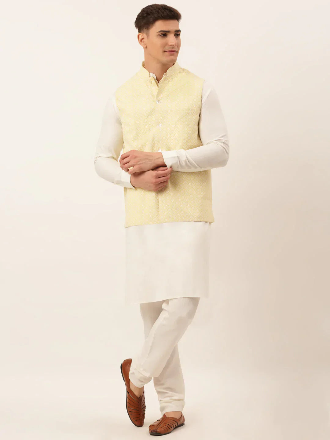 Jompers Men's White Cotton Blend Kurta with Pyjamas & Yellow Embroidered Nehru Jacket