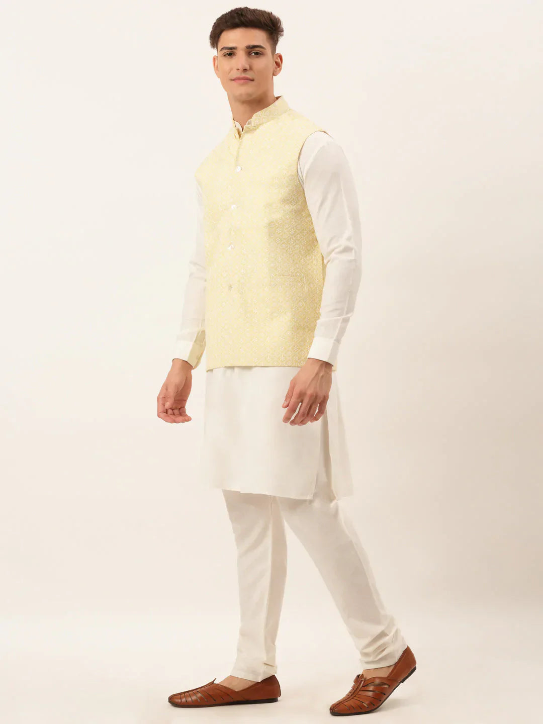 Jompers Men's White Cotton Blend Kurta with Pyjamas & Yellow Embroidered Nehru Jacket