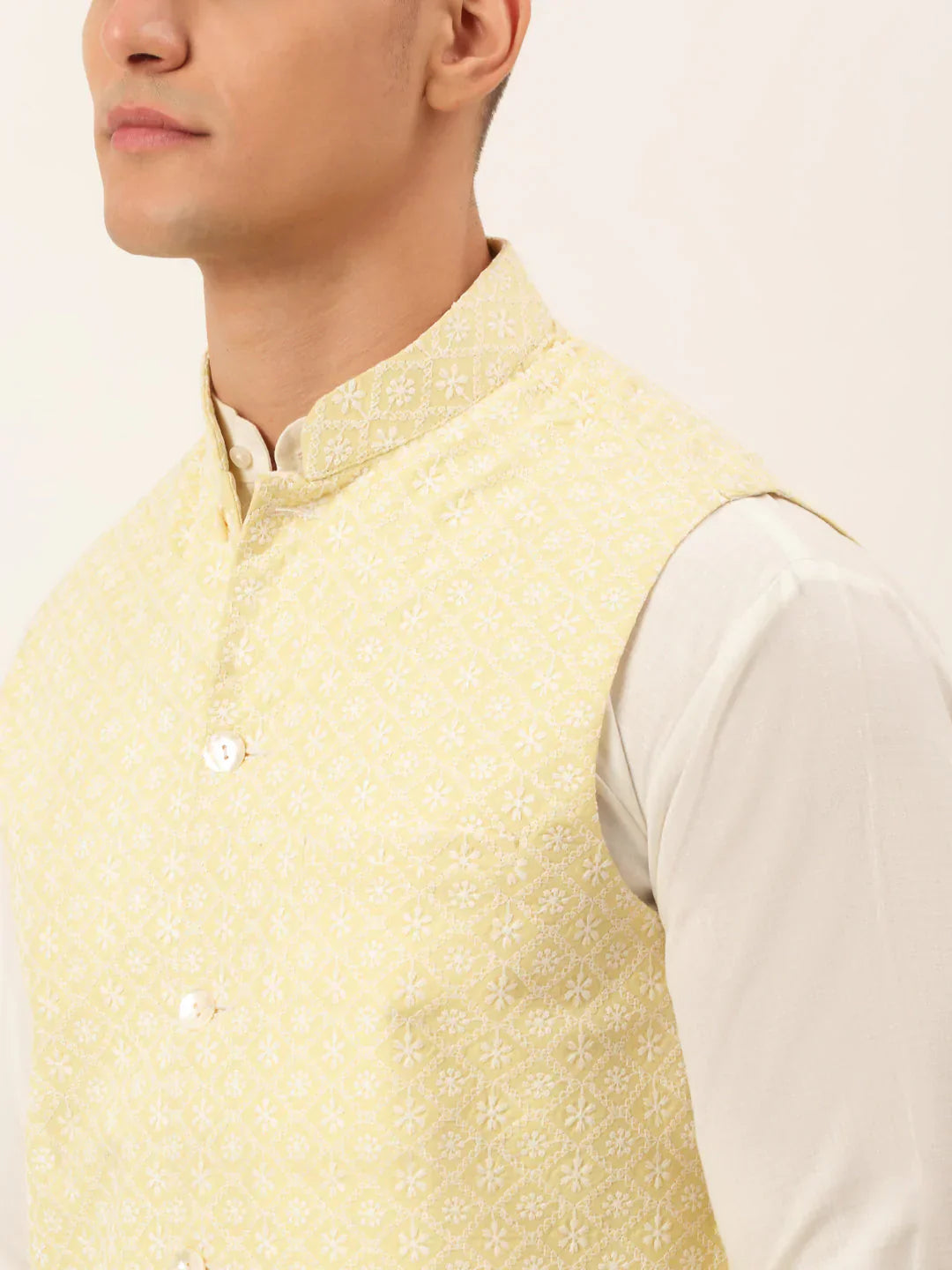 Jompers Men's White Cotton Blend Kurta with Pyjamas & Yellow Embroidered Nehru Jacket
