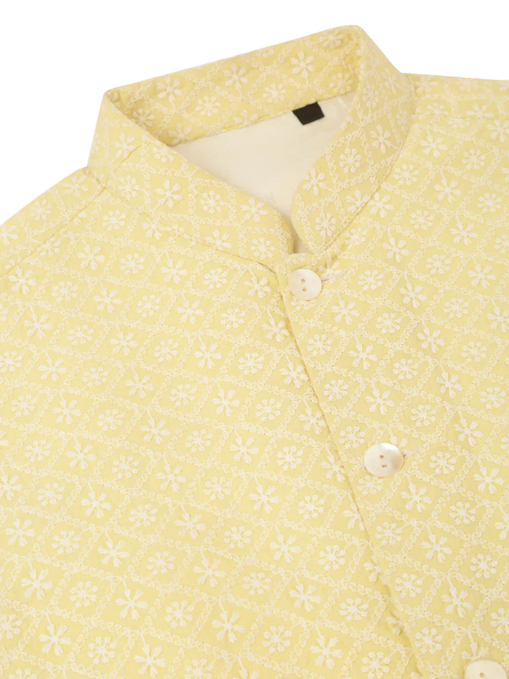 Jompers Men's White Cotton Blend Kurta with Pyjamas & Yellow Embroidered Nehru Jacket