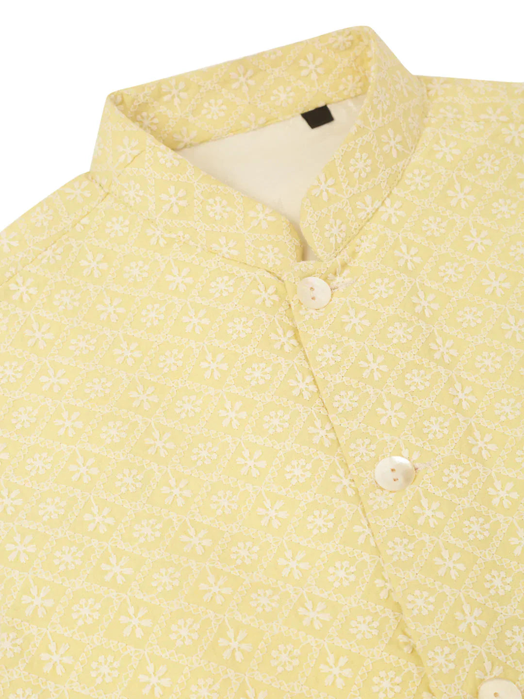 Jompers Men's White Cotton Blend Kurta with Pyjamas & Yellow Embroidered Nehru Jacket