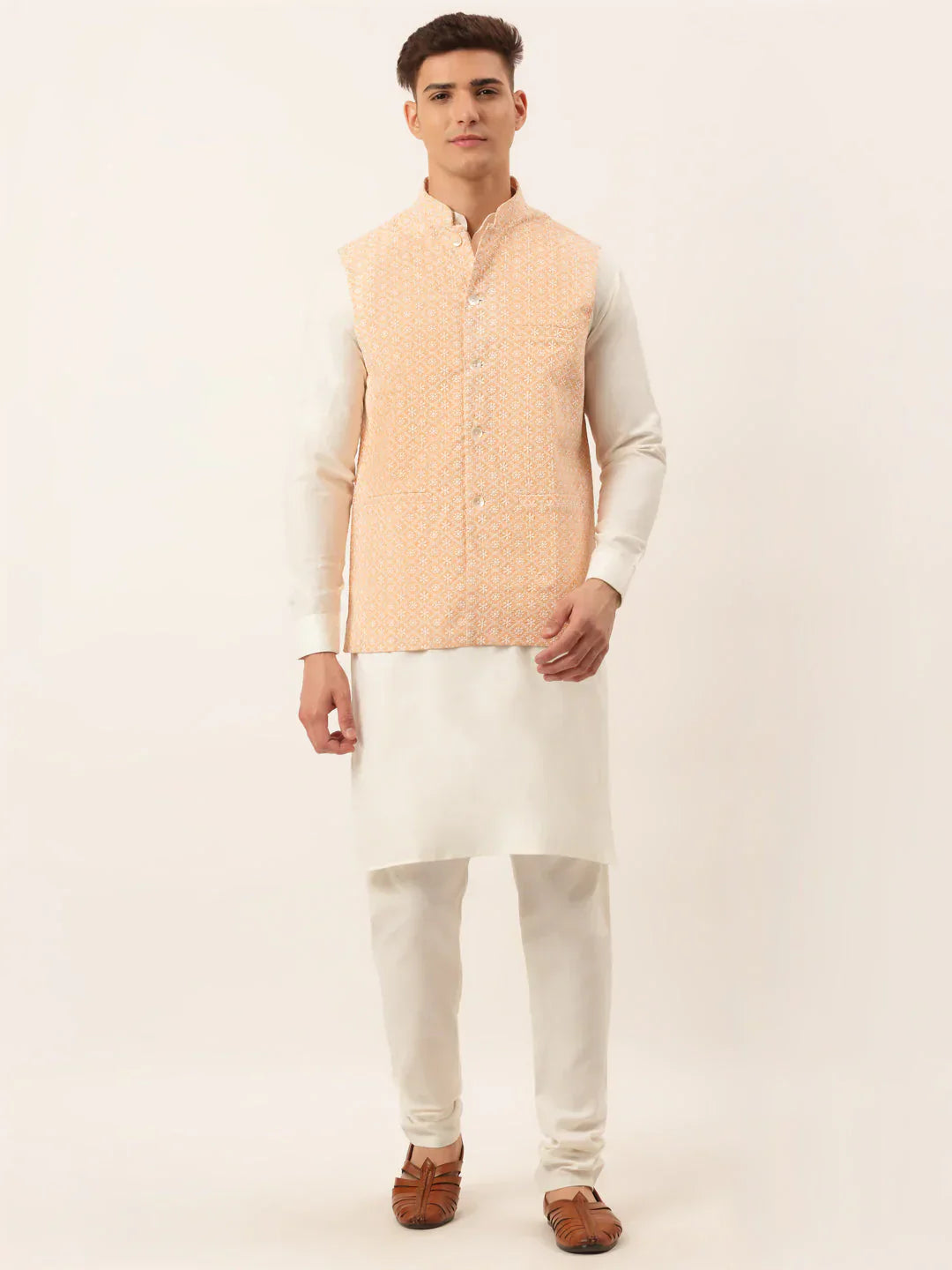 Jompers Men's White Cotton Blend Kurta with Pyjamas & Orange Embroidered Nehru Jacket