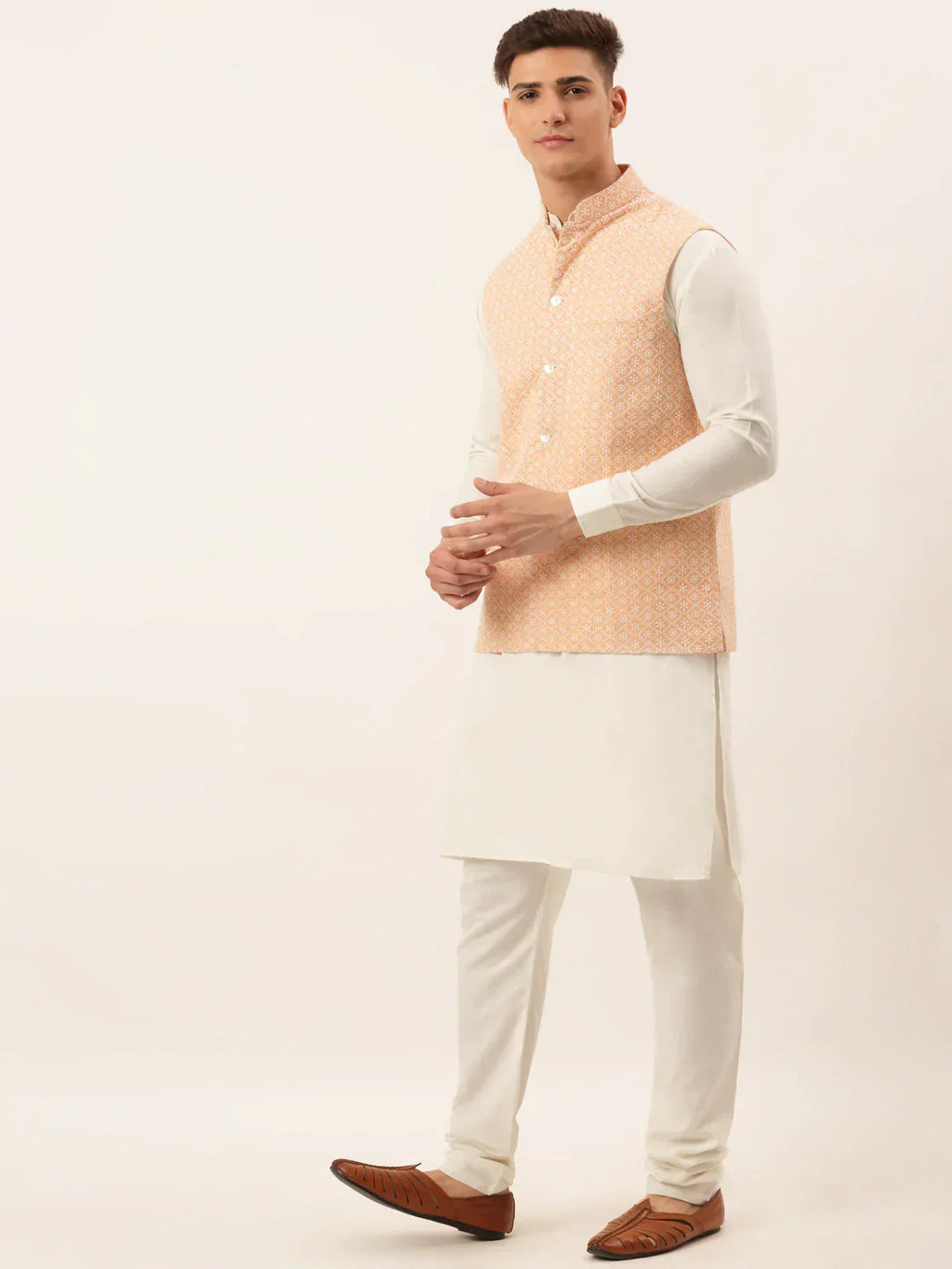 Jompers Men's White Cotton Blend Kurta with Pyjamas & Orange Embroidered Nehru Jacket