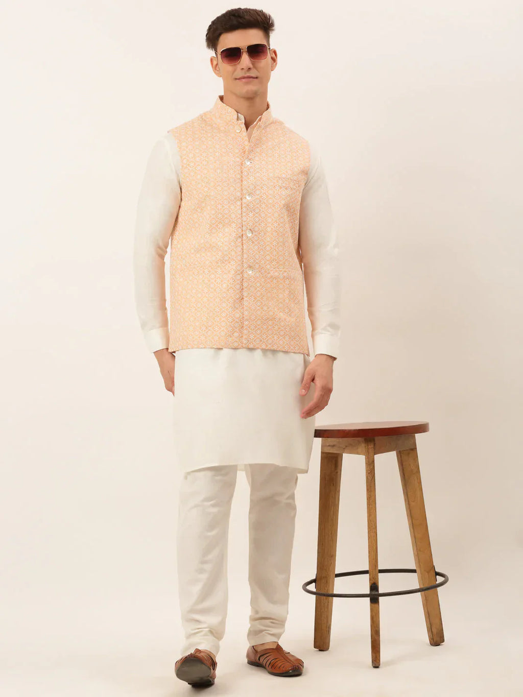 Jompers Men's White Cotton Blend Kurta with Pyjamas & Orange Embroidered Nehru Jacket