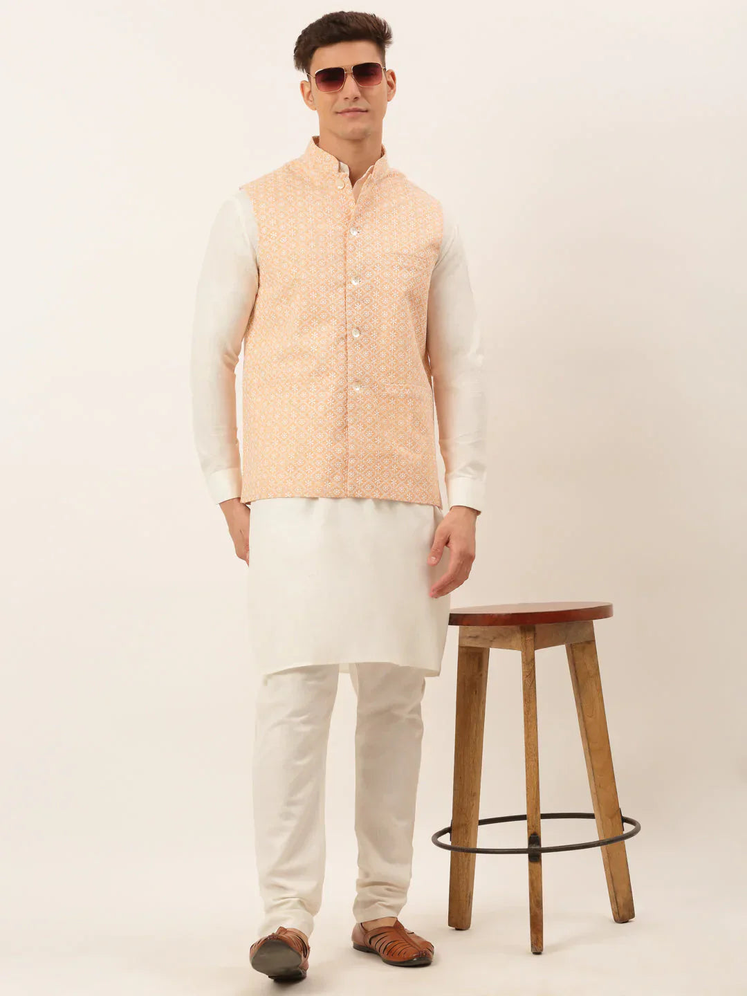 Jompers Men's White Cotton Blend Kurta with Pyjamas & Orange Embroidered Nehru Jacket
