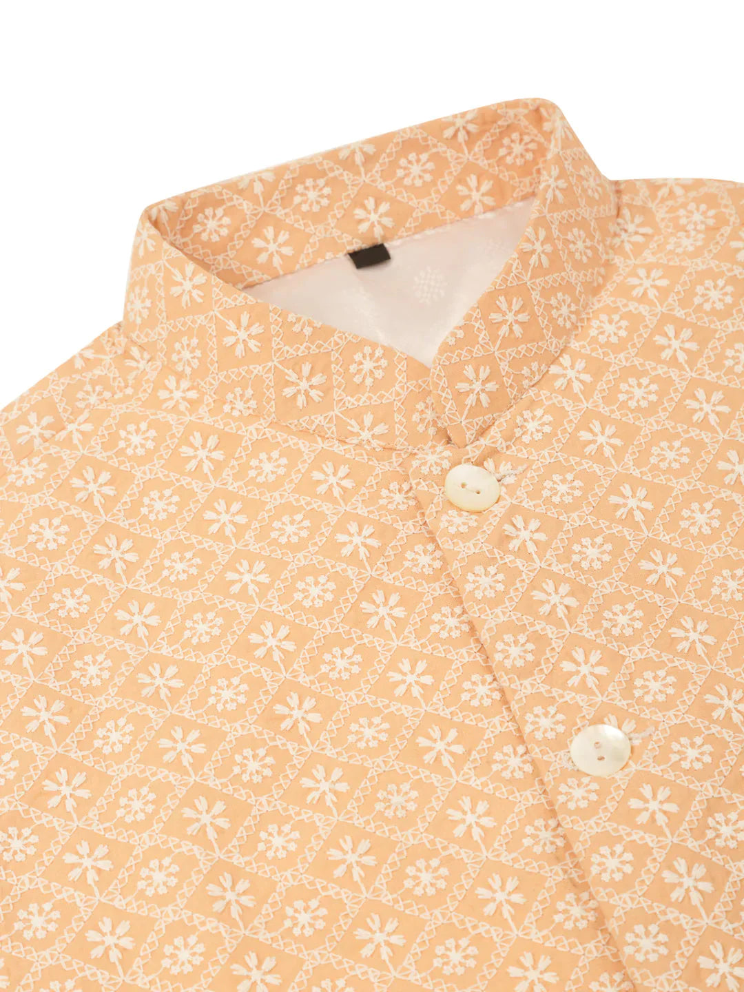 Jompers Men's White Cotton Blend Kurta with Pyjamas & Orange Embroidered Nehru Jacket