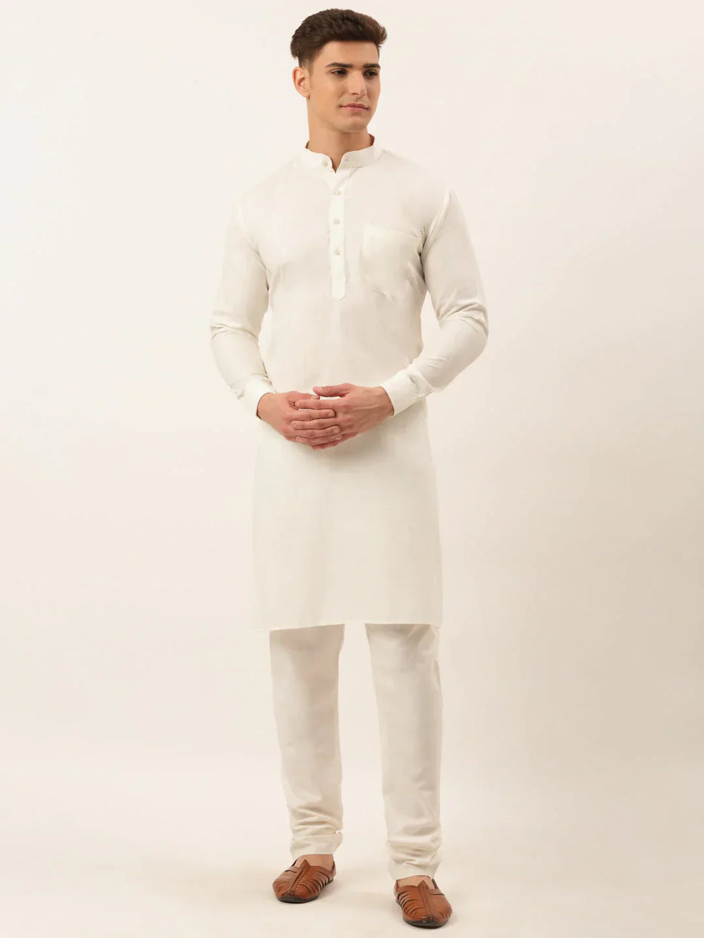 Jompers Men's White Cotton Blend Kurta with Pyjamas & Sky Blue Embroidered Nehru Jacket