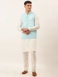 Jompers Men's White Cotton Blend Kurta with Pyjamas & Sky Blue Embroidered Nehru Jacket