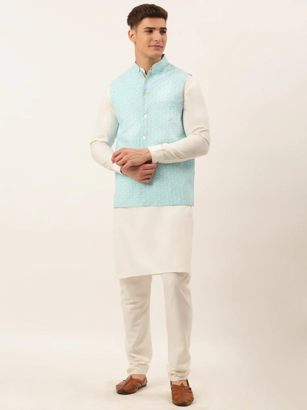 Jompers Men's White Cotton Blend Kurta with Pyjamas & Sky Blue Embroidered Nehru Jacket
