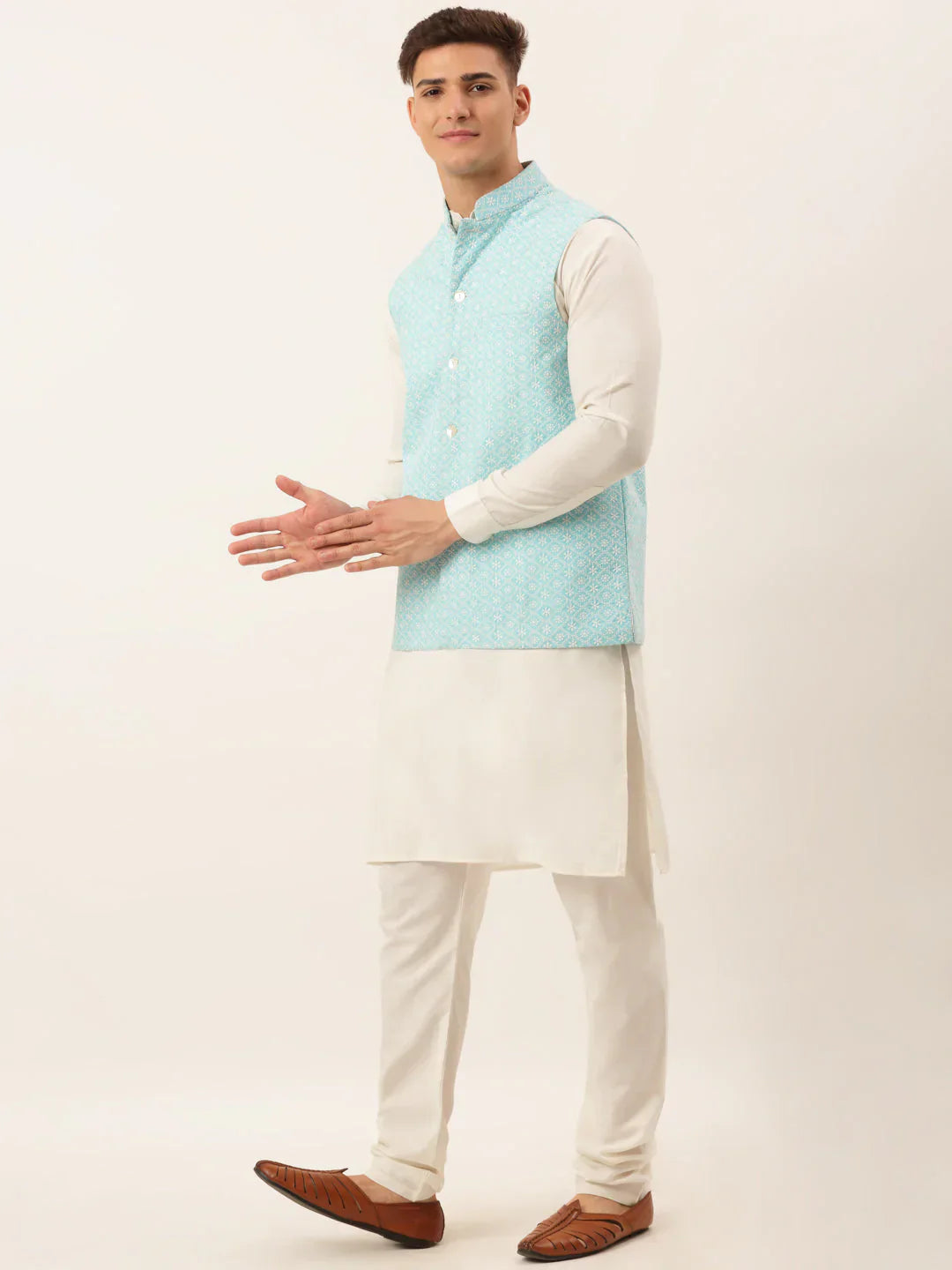 Jompers Men's White Cotton Blend Kurta with Pyjamas & Sky Blue Embroidered Nehru Jacket