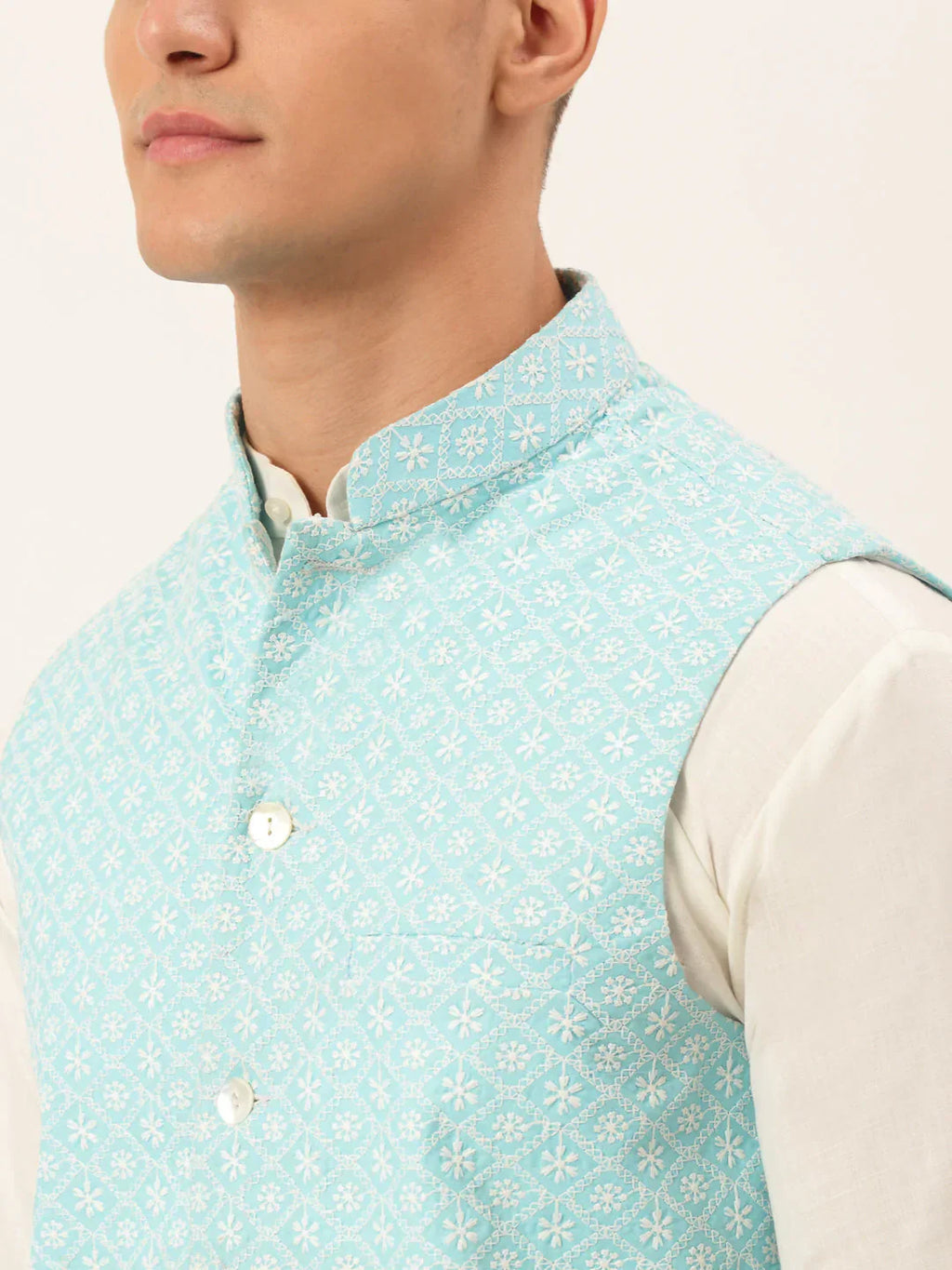 Jompers Men's White Cotton Blend Kurta with Pyjamas & Sky Blue Embroidered Nehru Jacket