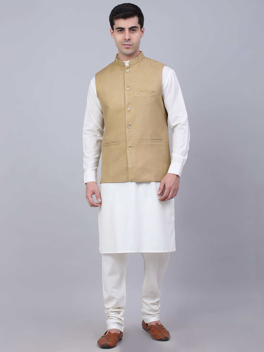 Jompers Men's Solid Kurta Pyjama With Nehru Jacket - Beige