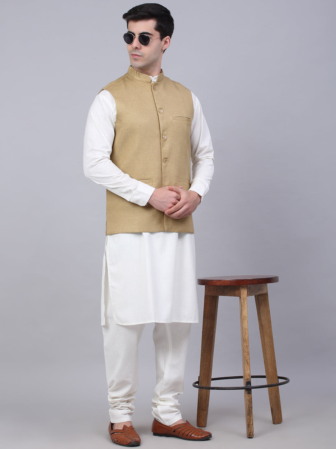 Jompers Men's Solid Kurta Pyjama With Nehru Jacket - Beige