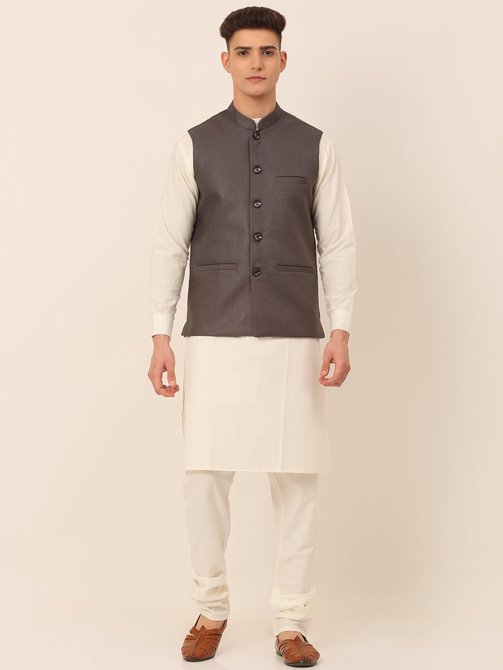 Jompers Men's Solid Kurta Pyjama With Nehru Jacket - Charcoal