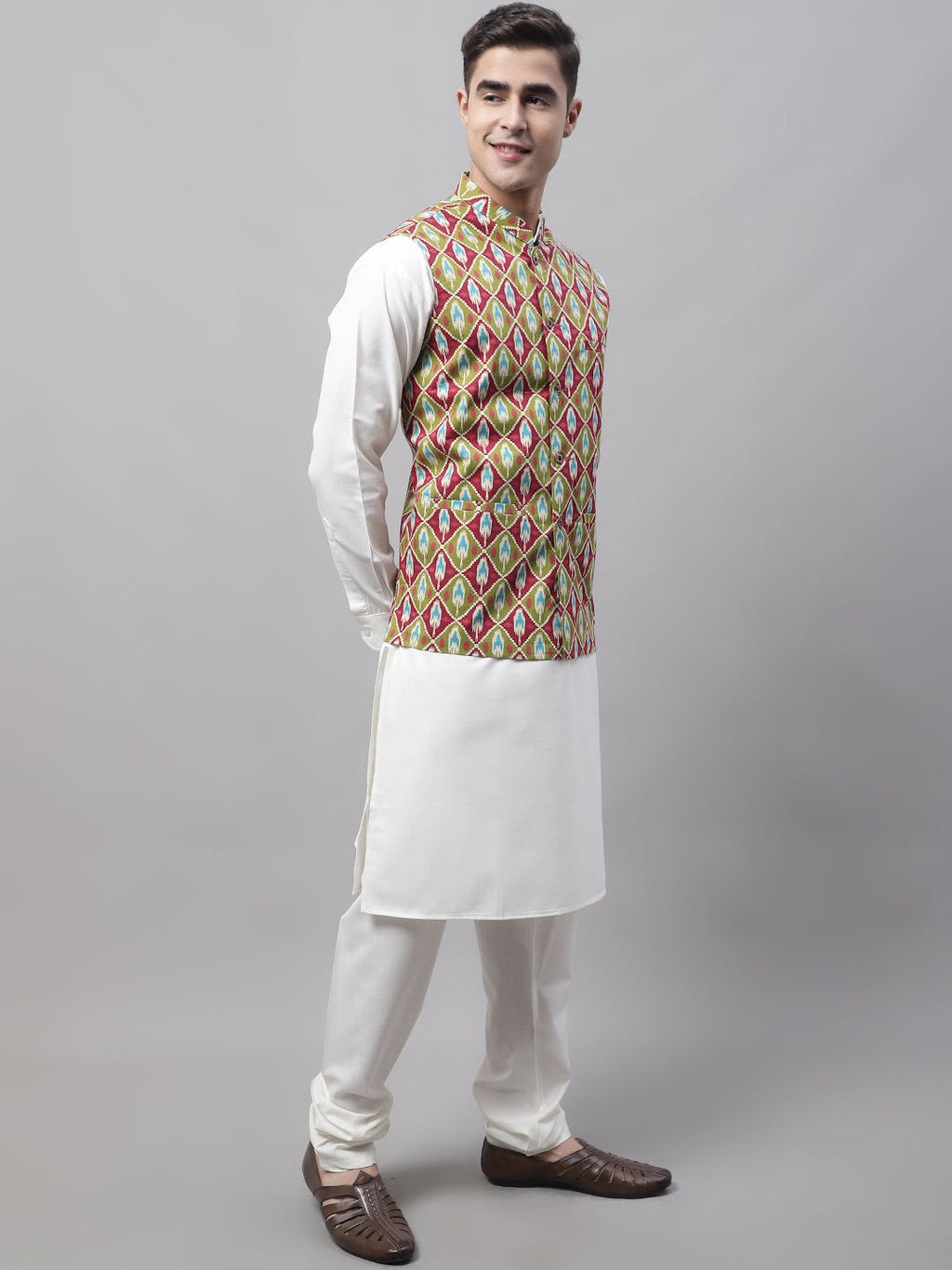 Jompers Men's off-White Solid Kurta Pyjama with Olive Printed Nehru Jacket
