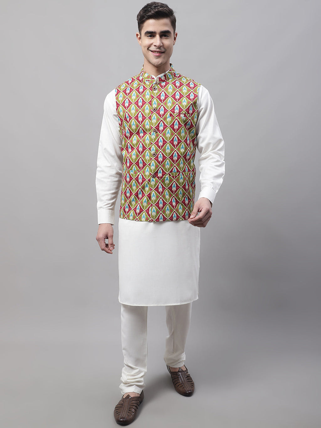 Jompers Men's off-White Solid Kurta Pyjama with Olive Printed Nehru Jacket