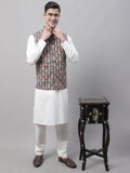 Jompers Men's off-White Solid Kurta Pyjama with Teal Blue Printed Nehru Jacket