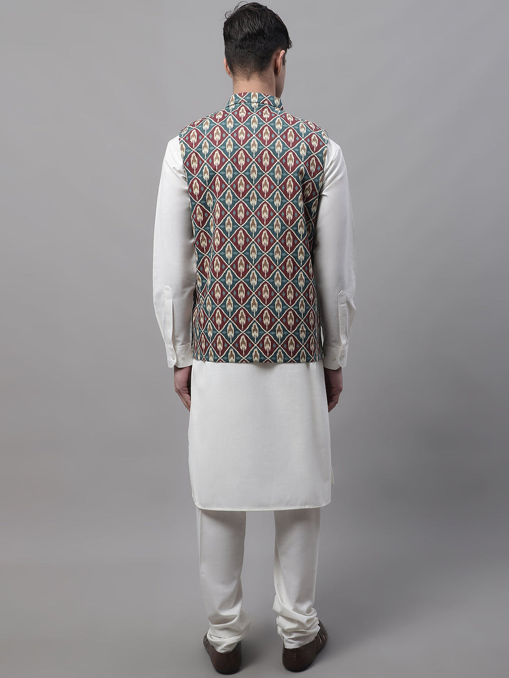 Jompers Men's off-White Solid Kurta Pyjama with Teal Blue Printed Nehru Jacket