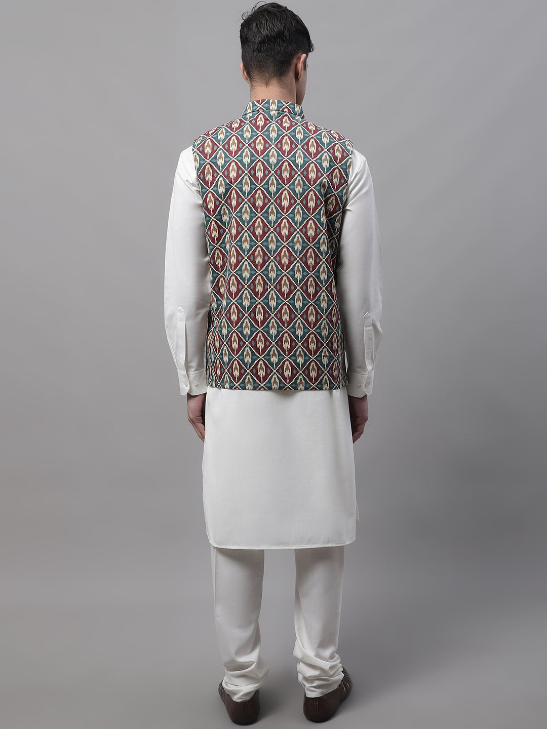 Jompers Men's off-White Solid Kurta Pyjama with Teal Blue Printed Nehru Jacket