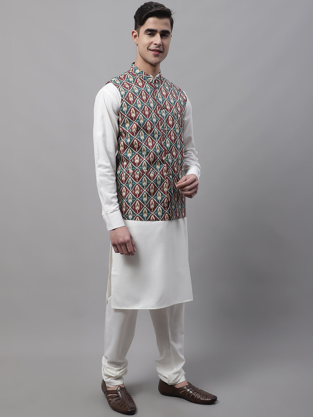Jompers Men's off-White Solid Kurta Pyjama with Teal Blue Printed Nehru Jacket