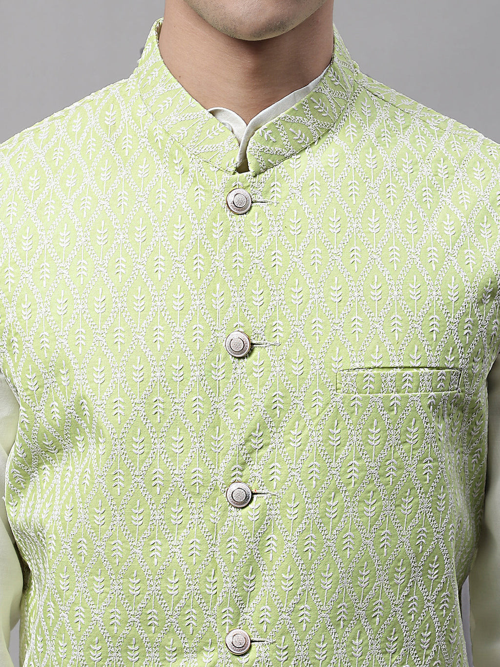 Jompers Men's off-White Solid Kurta Pyjama with Green Embroidered Nehru Jacket