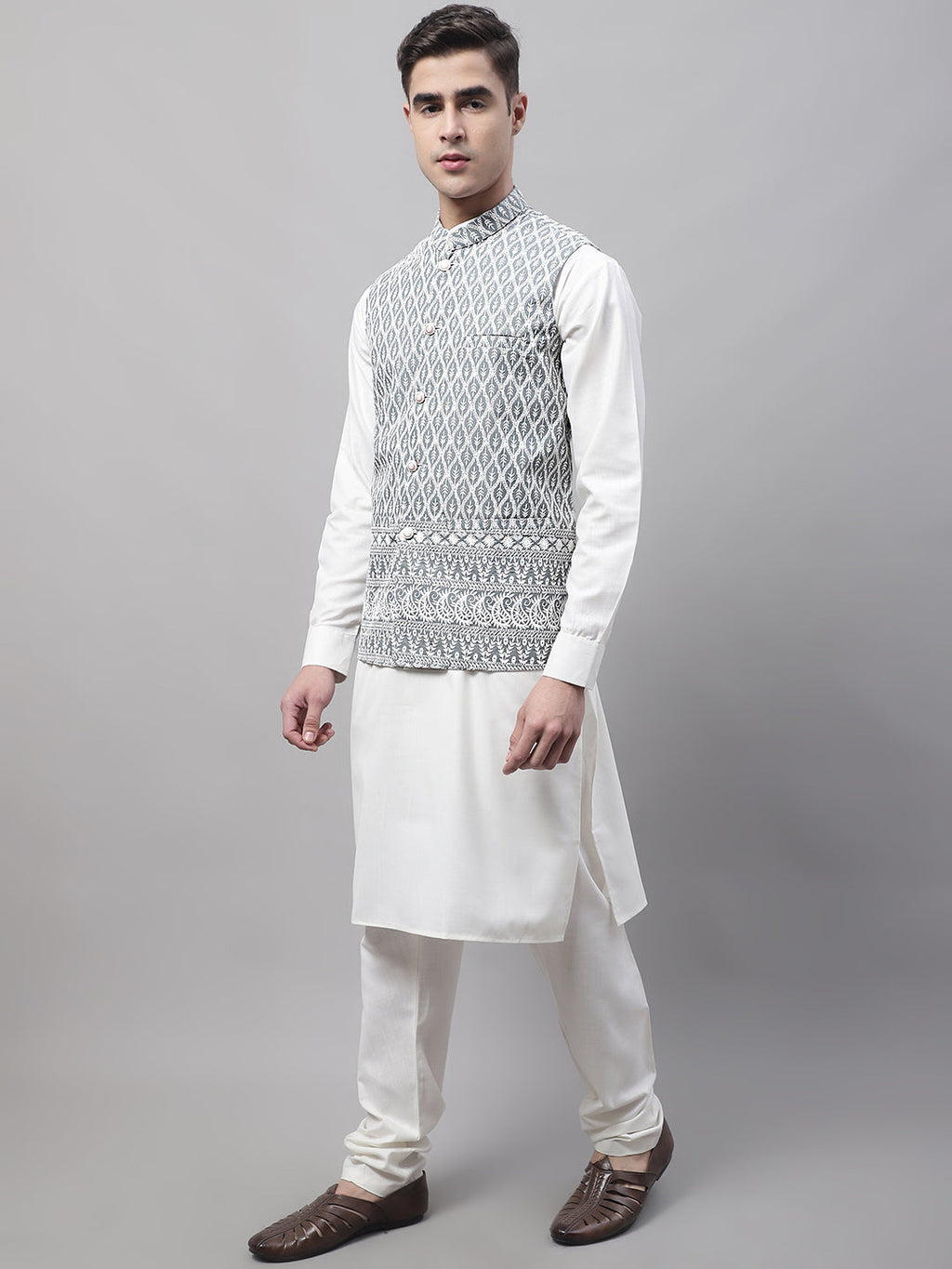 Jompers Men's off-White Solid Kurta Pyjama with Grey Embroidered Nehru Jacket