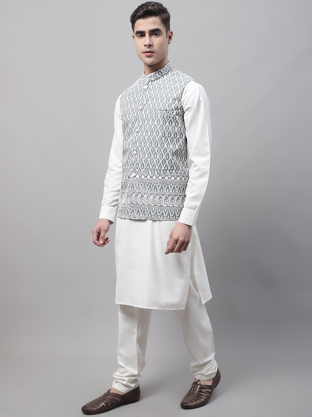 Jompers Men's off-White Solid Kurta Pyjama with Grey Embroidered Nehru Jacket