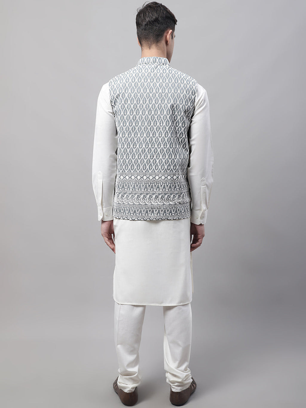 Jompers Men's off-White Solid Kurta Pyjama with Grey Embroidered Nehru Jacket