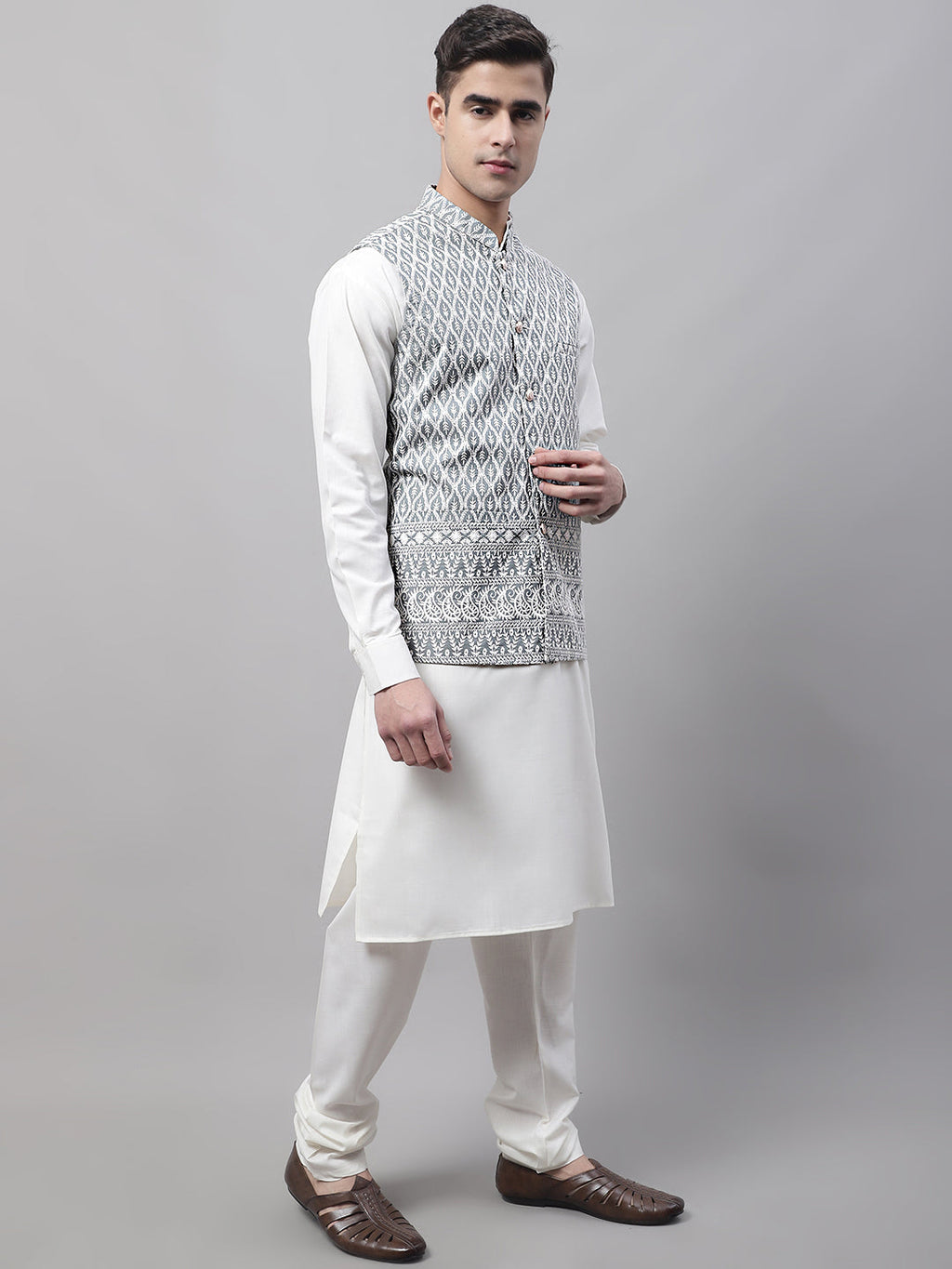 Jompers Men's off-White Solid Kurta Pyjama with Grey Embroidered Nehru Jacket