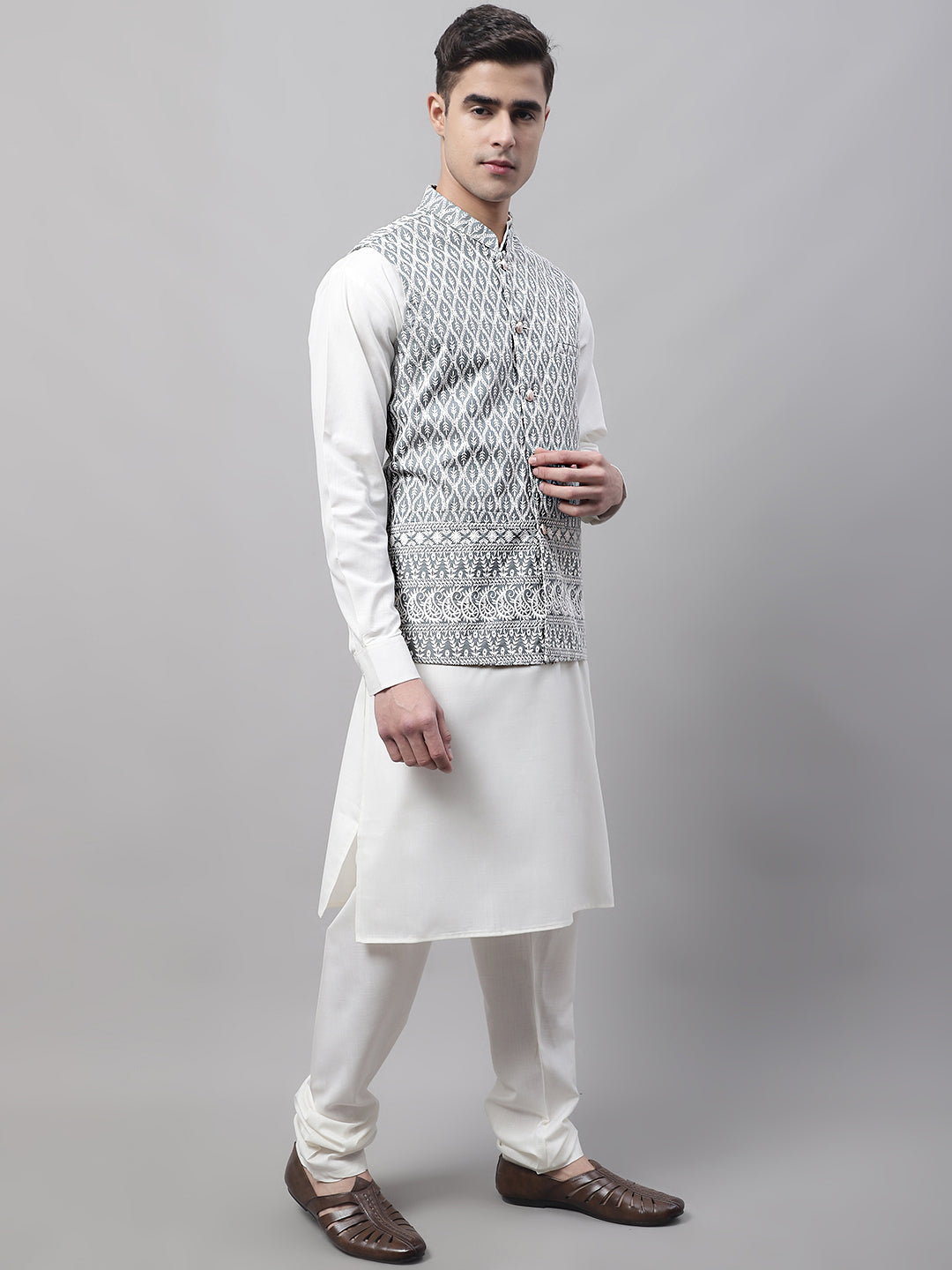 Jompers Men's off-White Solid Kurta Pyjama with Grey Embroidered Nehru Jacket