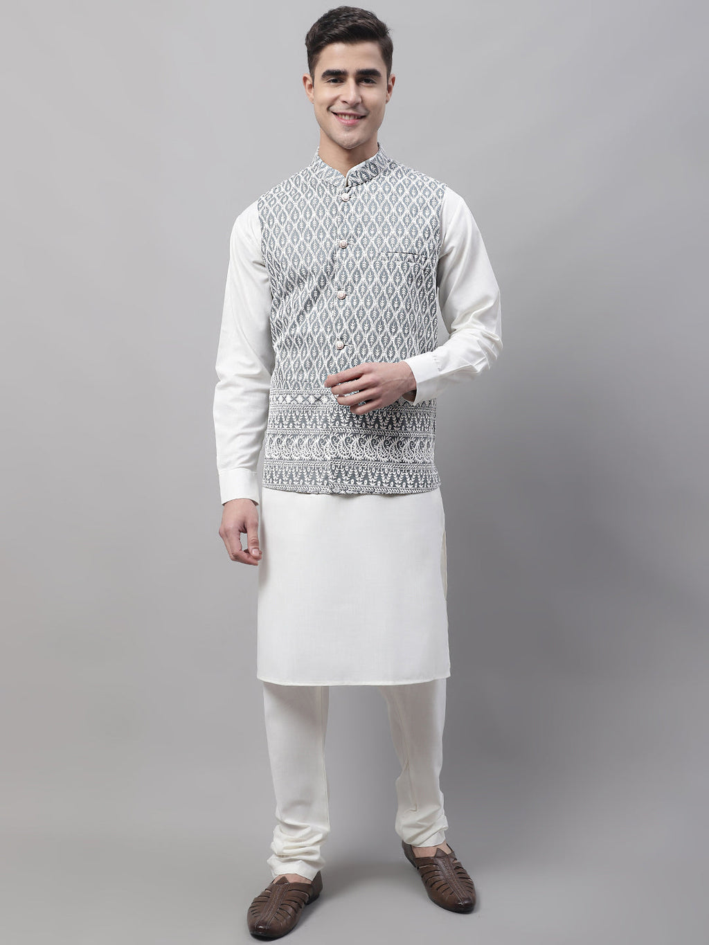 Jompers Men's off-White Solid Kurta Pyjama with Grey Embroidered Nehru Jacket