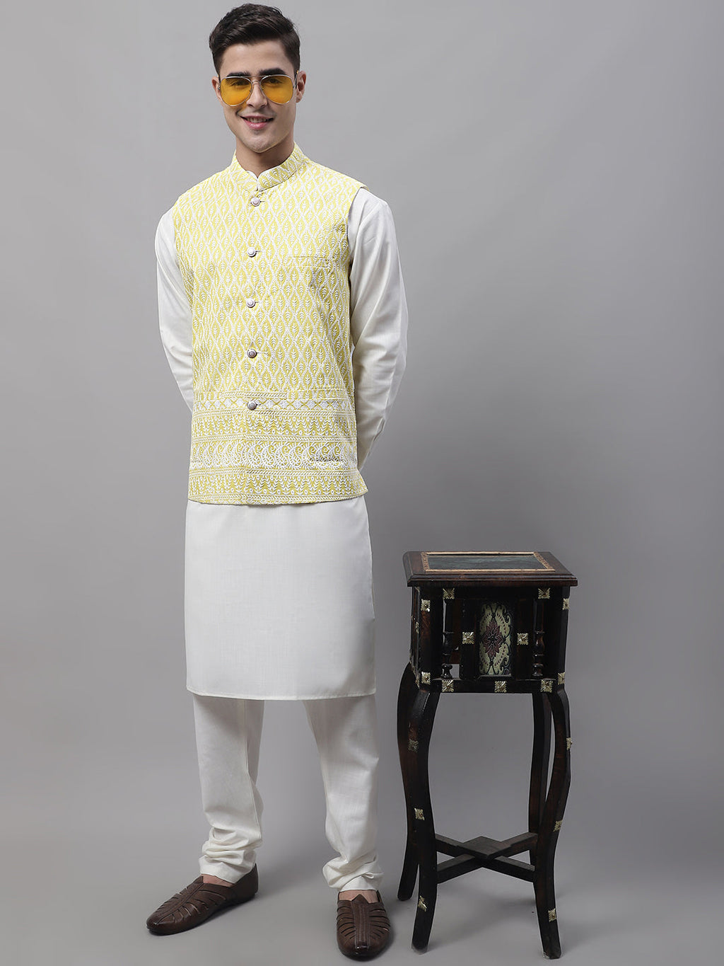 Jompers Men's off-White Solid Kurta Pyjama with Yellow Embroidered Nehru Jacket