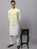 Jompers Men's off-White Solid Kurta Pyjama with Yellow Embroidered Nehru Jacket