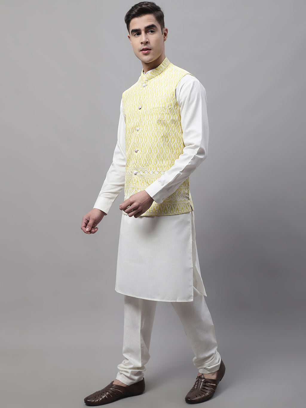 Jompers Men's off-White Solid Kurta Pyjama with Yellow Embroidered Nehru Jacket