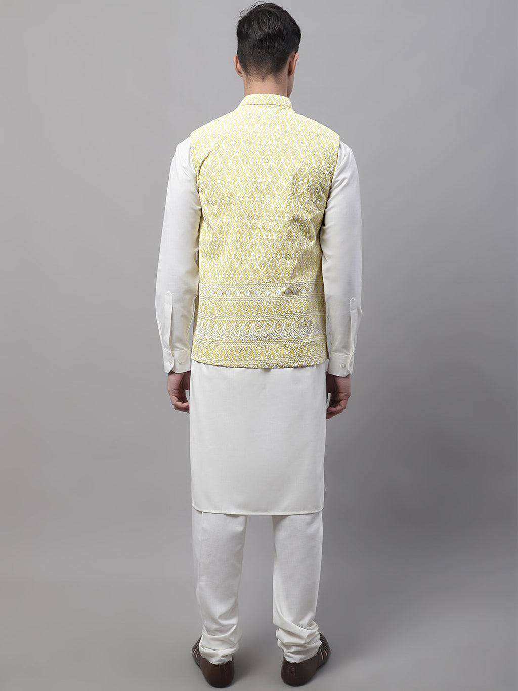 Jompers Men's off-White Solid Kurta Pyjama with Yellow Embroidered Nehru Jacket