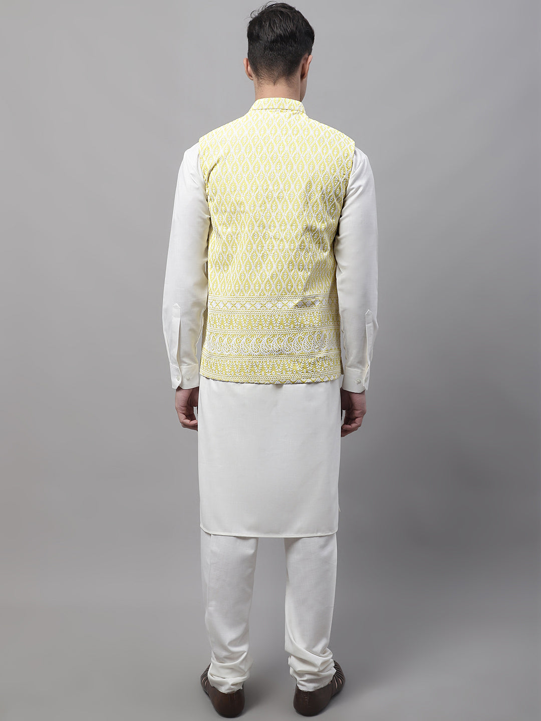 Jompers Men's off-White Solid Kurta Pyjama with Yellow Embroidered Nehru Jacket