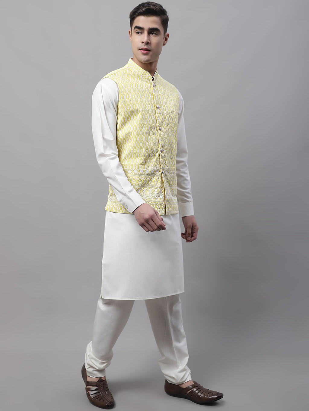 Jompers Men's off-White Solid Kurta Pyjama with Yellow Embroidered Nehru Jacket