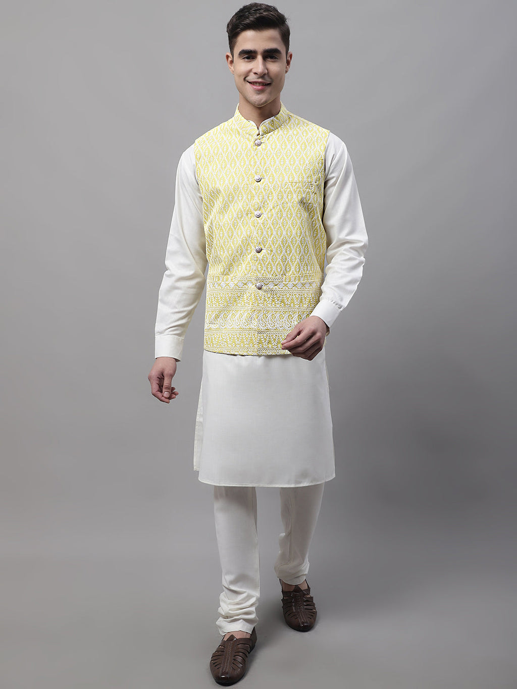 Jompers Men's off-White Solid Kurta Pyjama with Yellow Embroidered Nehru Jacket