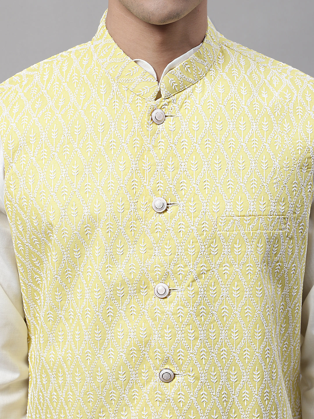 Jompers Men's off-White Solid Kurta Pyjama with Yellow Embroidered Nehru Jacket