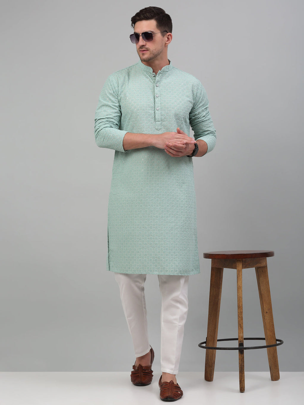 Jompers Men's Green Chikankari Embroidered and Sequence Kurta with Pyjama
