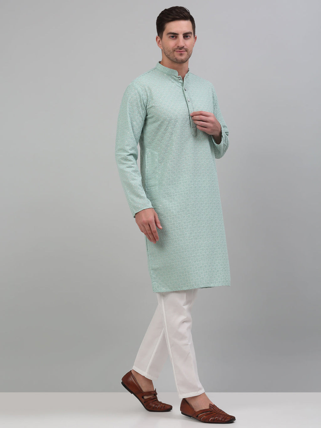 Jompers Men's Green Chikankari Embroidered and Sequence Kurta with Pyjama