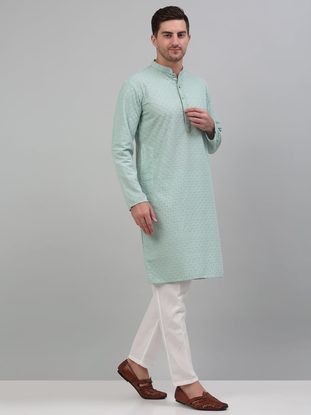 Jompers Men's Green Chikankari Embroidered and Sequence Kurta with Pyjama