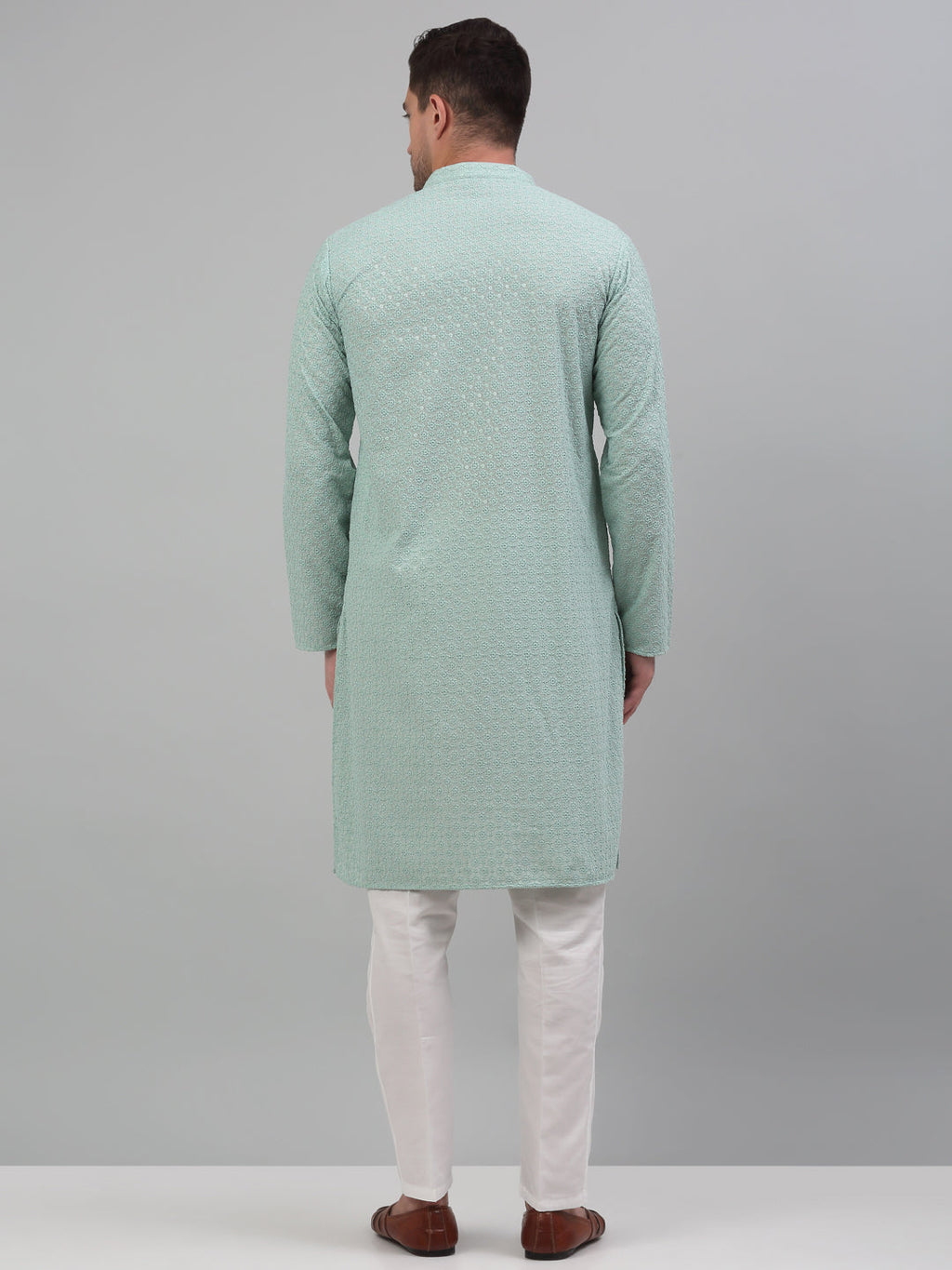 Jompers Men's Green Chikankari Embroidered and Sequence Kurta with Pyjama