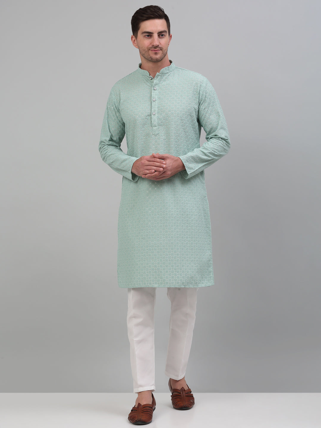 Jompers Men's Green Chikankari Embroidered and Sequence Kurta with Pyjama