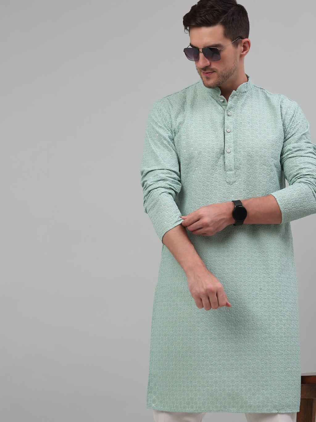 Jompers Men's Green Chikankari Embroidered and Sequence Kurta with Pyjama