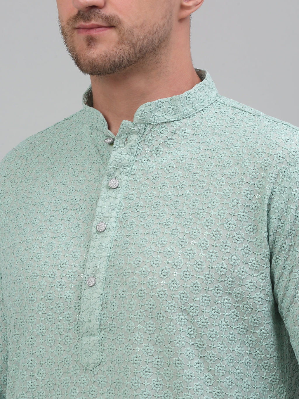 Jompers Men's Green Chikankari Embroidered and Sequence Kurta with Pyjama